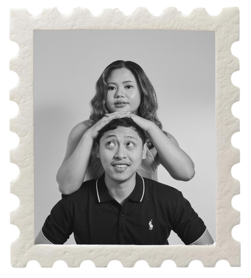Black and white photo of Meryl and Joshua in a postage stamp frame